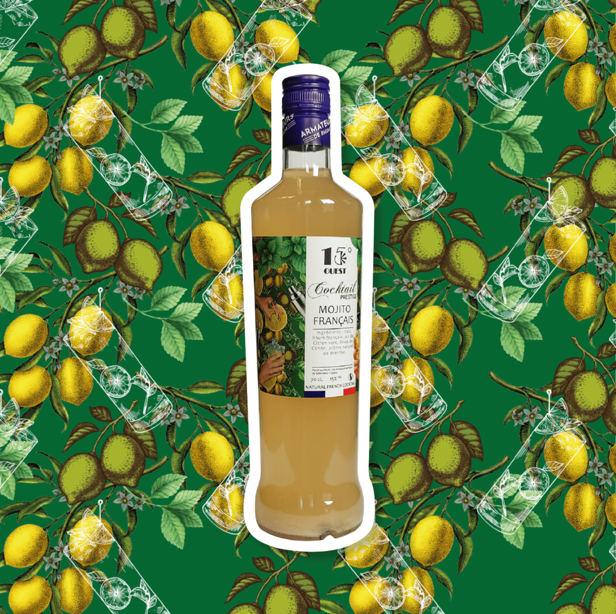 Bouteille de Mojito breton sur fond de citrons et feuillage – Le Mojito Français.